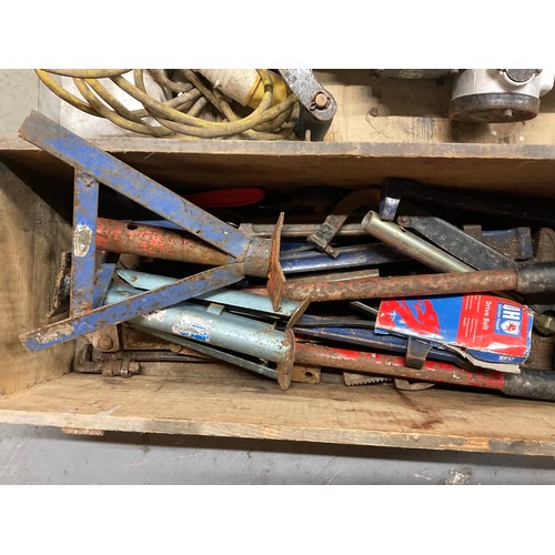 143 - CASED 110V SDS HAMMER DRILL AND WOODEN BOX OF VINTAGE TOOLS ETC