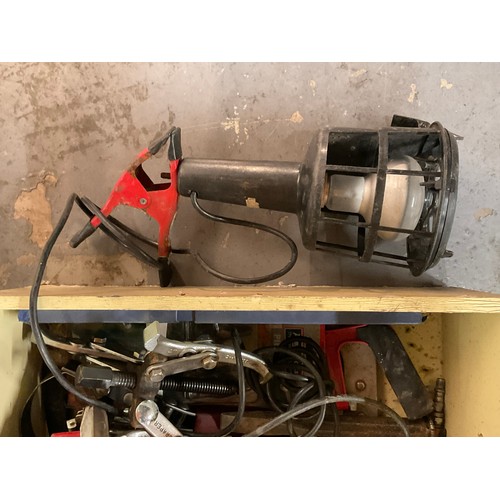 145 - BOX OF TOOLS TO INCLUDE AIR SANDER , WELDERS MASK TOOLS ETC