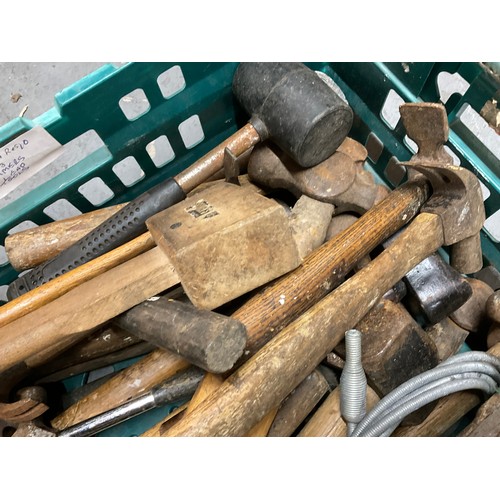 154 - CRATE OF VINTAGE HAND TOOLS TO INCLUDE HAMMERS, MALLETS ETC