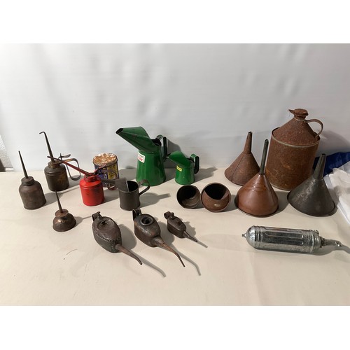152 - BOX TO INCLUDE VINTAGE OIL TINS, FUNNELS FIRE EXTINGUISHER ETC