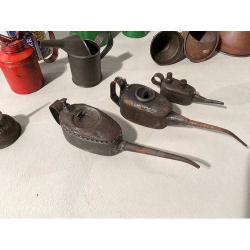 152 - BOX TO INCLUDE VINTAGE OIL TINS, FUNNELS FIRE EXTINGUISHER ETC