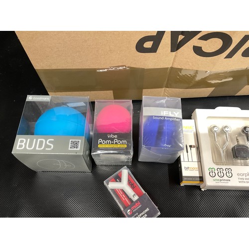 159 - BOX OF NEW UNIVERSAL RECHARGEABLE SPEAKERS BY POM POMS AND INNER EAR HEADPHONES