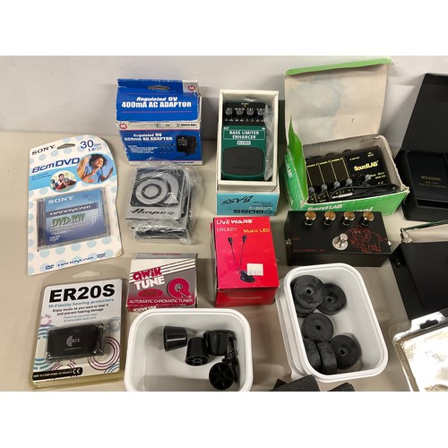 163 - CRATE OF PROFESSIONAL MICROPHONE ACCESORIES, EARRING PROTECTORS, BASE OVERDRIVE CABLING ETC