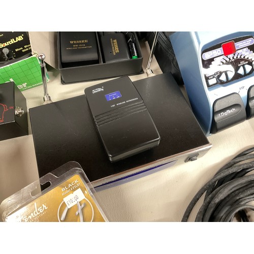 163 - CRATE OF PROFESSIONAL MICROPHONE ACCESORIES, EARRING PROTECTORS, BASE OVERDRIVE CABLING ETC