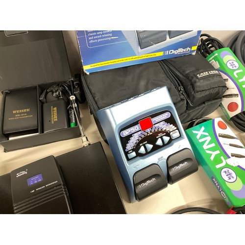 163 - CRATE OF PROFESSIONAL MICROPHONE ACCESORIES, EARRING PROTECTORS, BASE OVERDRIVE CABLING ETC