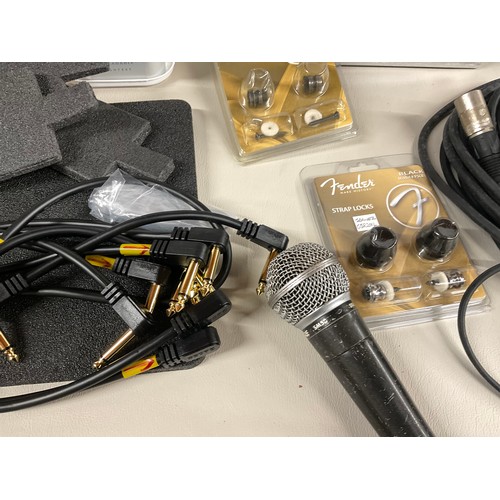 163 - CRATE OF PROFESSIONAL MICROPHONE ACCESORIES, EARRING PROTECTORS, BASE OVERDRIVE CABLING ETC