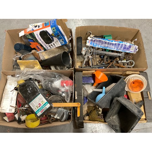 162 - 4 BOXES OF GARAGE & WORKSHOP ITEMS TO INCLUDE HAND TOOLS, FUNNELS, SCREWDRIVERS ETC