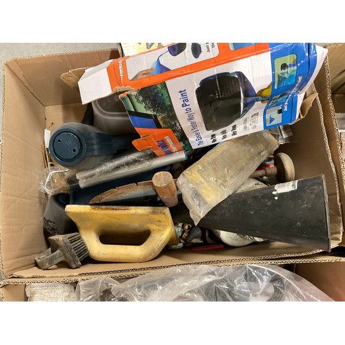 162 - 4 BOXES OF GARAGE & WORKSHOP ITEMS TO INCLUDE HAND TOOLS, FUNNELS, SCREWDRIVERS ETC