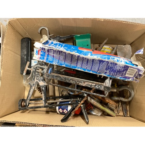 162 - 4 BOXES OF GARAGE & WORKSHOP ITEMS TO INCLUDE HAND TOOLS, FUNNELS, SCREWDRIVERS ETC