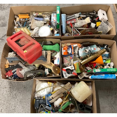 170 - 5 BOXES OF WORKSHOP GARAGE TOOLS AND HARDWARE TO INLCLUDE MITRE SAW, HAND TOOLS , CLAMPS ETC