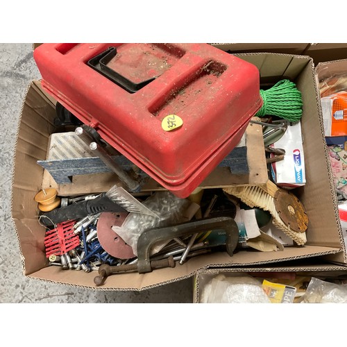 170 - 5 BOXES OF WORKSHOP GARAGE TOOLS AND HARDWARE TO INLCLUDE MITRE SAW, HAND TOOLS , CLAMPS ETC