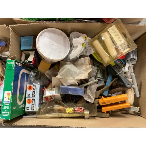 170 - 5 BOXES OF WORKSHOP GARAGE TOOLS AND HARDWARE TO INLCLUDE MITRE SAW, HAND TOOLS , CLAMPS ETC