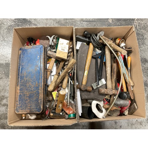 172 - 2 BOXES OF VINTAGE TOOLS AND HARDWARE TO INCLUDE SOCKET SET, MALLET HAMMERS ETC