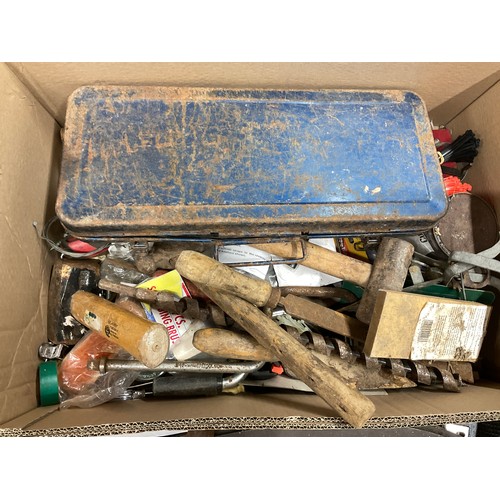 172 - 2 BOXES OF VINTAGE TOOLS AND HARDWARE TO INCLUDE SOCKET SET, MALLET HAMMERS ETC
