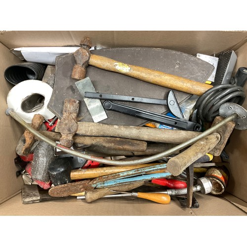172 - 2 BOXES OF VINTAGE TOOLS AND HARDWARE TO INCLUDE SOCKET SET, MALLET HAMMERS ETC