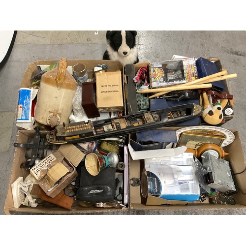 173 - 4 BOXES OF COLLECTABLES TO INCLUDE BISHOPS CASTLE  STONEWARE FLAGON, METAL BARGE ETC