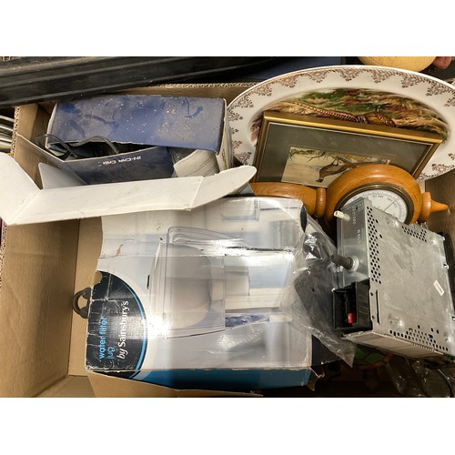 173 - 4 BOXES OF COLLECTABLES TO INCLUDE BISHOPS CASTLE  STONEWARE FLAGON, METAL BARGE ETC