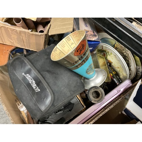 173 - 4 BOXES OF COLLECTABLES TO INCLUDE BISHOPS CASTLE  STONEWARE FLAGON, METAL BARGE ETC