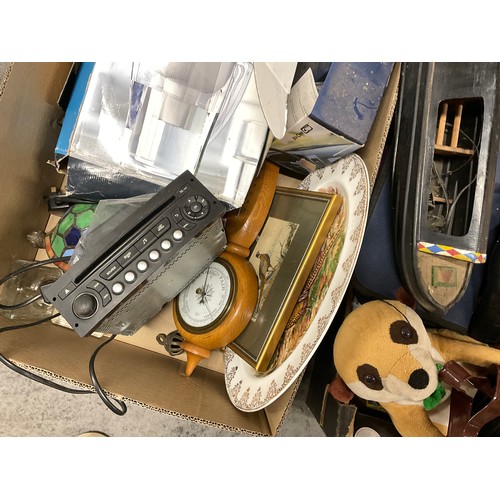 173 - 4 BOXES OF COLLECTABLES TO INCLUDE BISHOPS CASTLE  STONEWARE FLAGON, METAL BARGE ETC