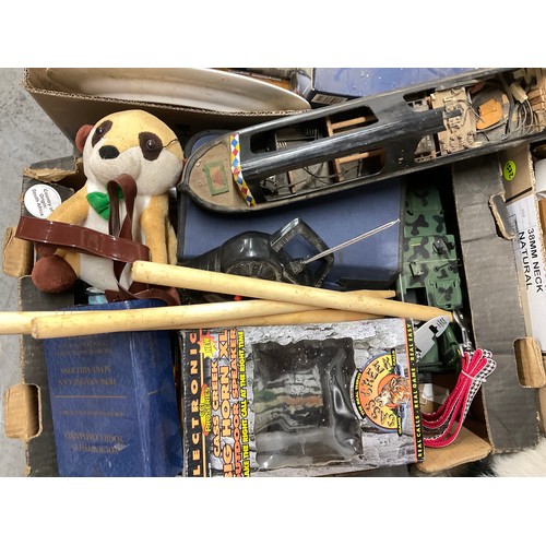 173 - 4 BOXES OF COLLECTABLES TO INCLUDE BISHOPS CASTLE  STONEWARE FLAGON, METAL BARGE ETC