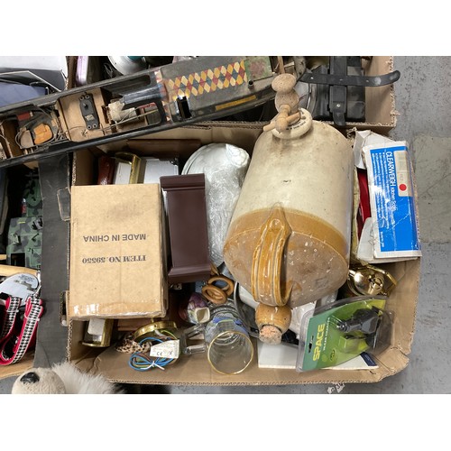 173 - 4 BOXES OF COLLECTABLES TO INCLUDE BISHOPS CASTLE  STONEWARE FLAGON, METAL BARGE ETC