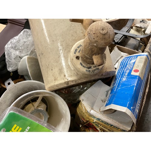 173 - 4 BOXES OF COLLECTABLES TO INCLUDE BISHOPS CASTLE  STONEWARE FLAGON, METAL BARGE ETC