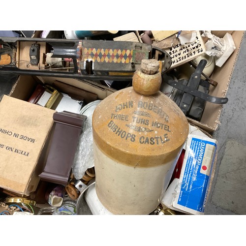 173 - 4 BOXES OF COLLECTABLES TO INCLUDE BISHOPS CASTLE  STONEWARE FLAGON, METAL BARGE ETC