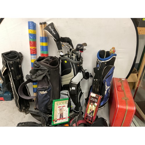 177 - 2 GOLF BAGS AND CLUBS, VINTAGE SUITCASE, WINDBREAKS BAGS, BACKPACKS ETC
