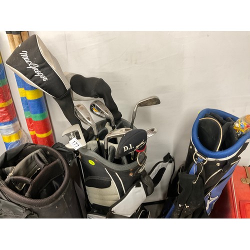 177 - 2 GOLF BAGS AND CLUBS, VINTAGE SUITCASE, WINDBREAKS BAGS, BACKPACKS ETC