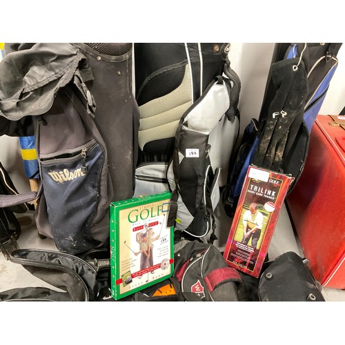 177 - 2 GOLF BAGS AND CLUBS, VINTAGE SUITCASE, WINDBREAKS BAGS, BACKPACKS ETC