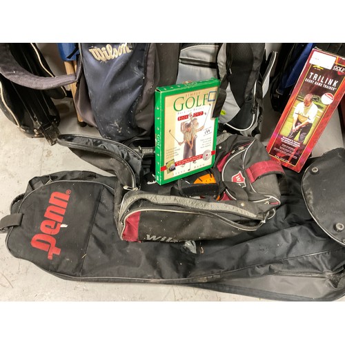 177 - 2 GOLF BAGS AND CLUBS, VINTAGE SUITCASE, WINDBREAKS BAGS, BACKPACKS ETC