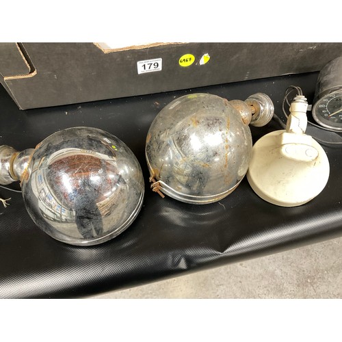 179 - COLLECTION OF VINTAGE CAR SPOT LIGHTS AND A SPEDOMETER