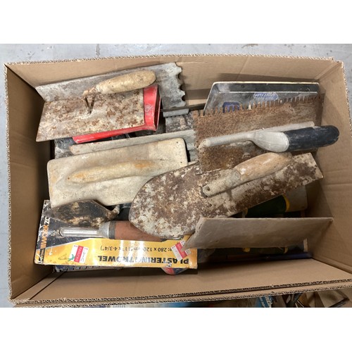 180 - 3 BOXES OF HAND TOOLS TO INCLUDE PLASTERING TROWELS, SCREWDRIVERS, CHISELS,
