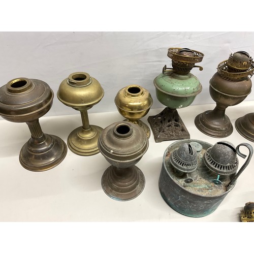 196 - BOX OF VINTAGE BRASS PARAFFIN LAMP PARTS