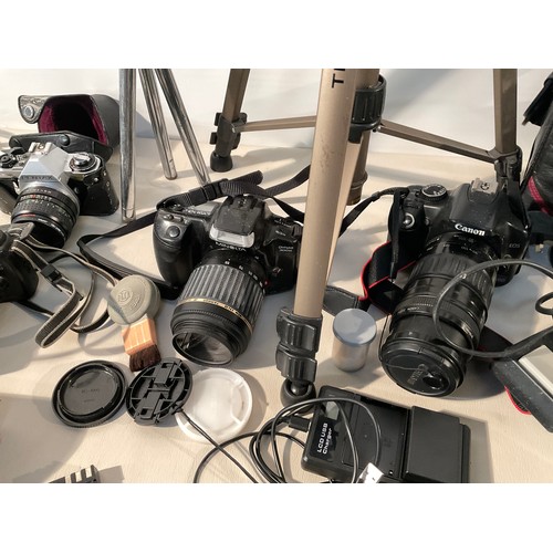 209 - BOX OF CAMERAS & EQUIPMENT TO INCLUDE CANON EOS, MINOLTA DYNEX 300SI, NIKON D-40, TRIPODS, LIGHT MET... 