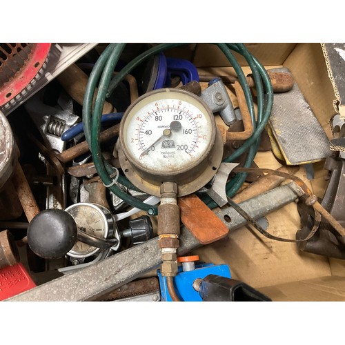 208 - BOX OF HARDWARE TO INCLUDE CAR JACKS, SHOE LAST ETC