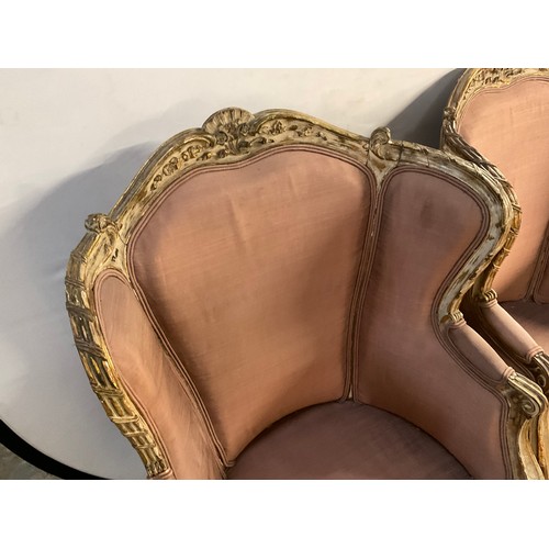 219 - PAIR OF FRENCH LOUIS XVI STYLE VINTAGE REPRODUCTION ARMCHAIRS WITH DISTRESSED FINISH