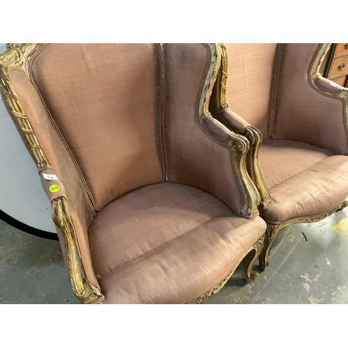 219 - PAIR OF FRENCH LOUIS XVI STYLE VINTAGE REPRODUCTION ARMCHAIRS WITH DISTRESSED FINISH