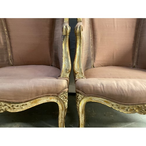 219 - PAIR OF FRENCH LOUIS XVI STYLE VINTAGE REPRODUCTION ARMCHAIRS WITH DISTRESSED FINISH
