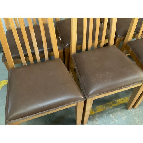 221 - SET OF 6 MODERN HIGH BACK OAK DINING CHAIRS WITH UPHOLSTERED SEATS
