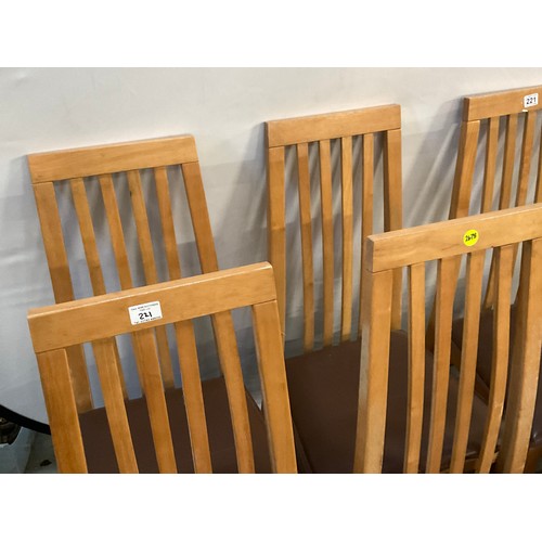 221 - SET OF 6 MODERN HIGH BACK OAK DINING CHAIRS WITH UPHOLSTERED SEATS