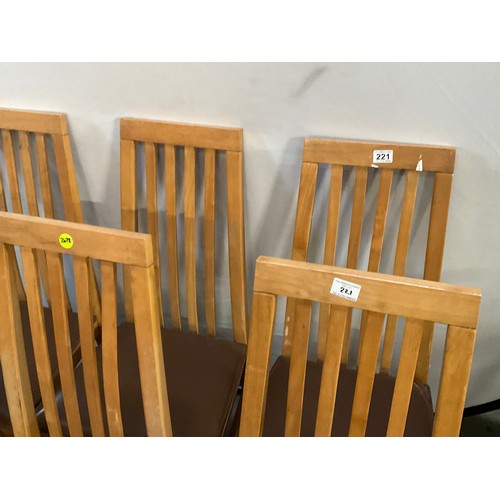 221 - SET OF 6 MODERN HIGH BACK OAK DINING CHAIRS WITH UPHOLSTERED SEATS