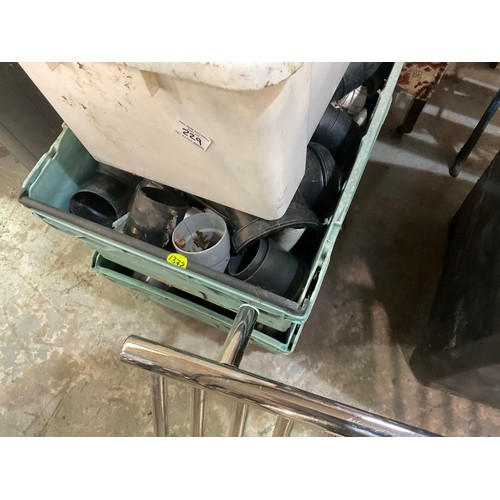 229 - LARGE QTY OF PLASTIC DRAINAGE CONNECTING FITMENTS AND METAL RADIATOR
