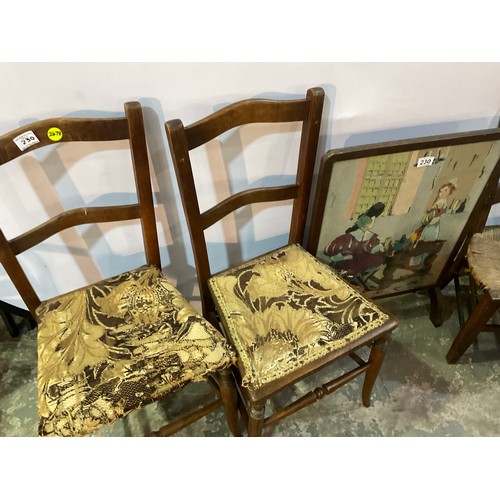 230 - EDWARDIAN RUSH SEATED CHILDS CHAIR, PAIR OF BEECH BEDROOM CHAIRS, TAPESTRY FIRESCREEN