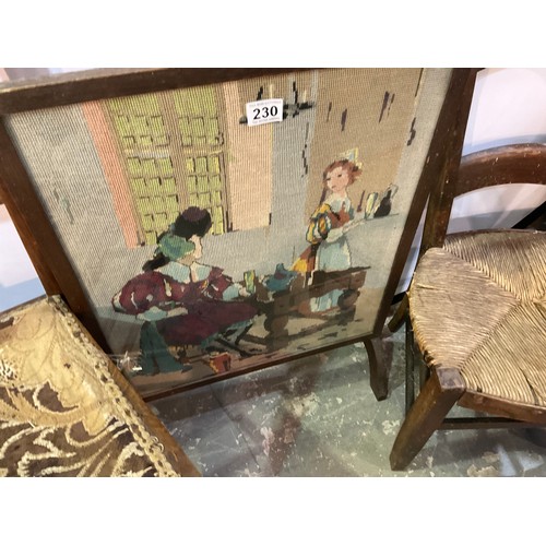 230 - EDWARDIAN RUSH SEATED CHILDS CHAIR, PAIR OF BEECH BEDROOM CHAIRS, TAPESTRY FIRESCREEN