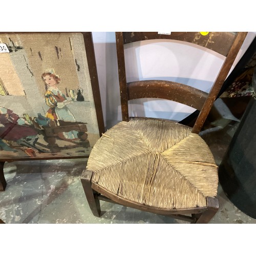 230 - EDWARDIAN RUSH SEATED CHILDS CHAIR, PAIR OF BEECH BEDROOM CHAIRS, TAPESTRY FIRESCREEN