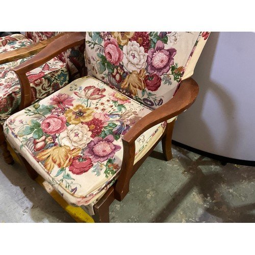 236 - 2 VINTAGE BEECH FRAMED FIRESIDE CHAIRS WITH FLORAL UPHOLSTEREY