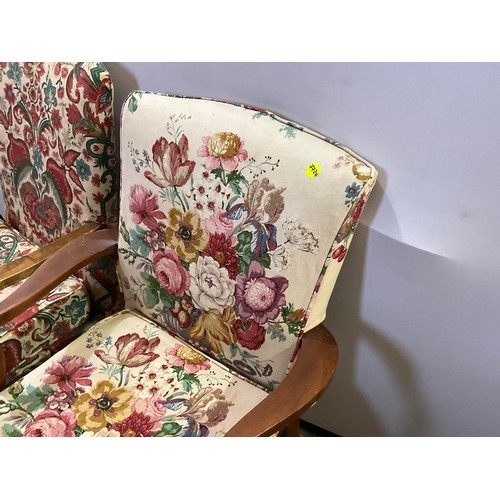 236 - 2 VINTAGE BEECH FRAMED FIRESIDE CHAIRS WITH FLORAL UPHOLSTEREY
