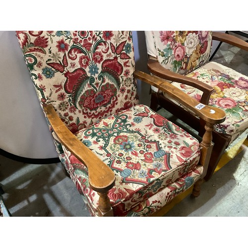 236 - 2 VINTAGE BEECH FRAMED FIRESIDE CHAIRS WITH FLORAL UPHOLSTEREY
