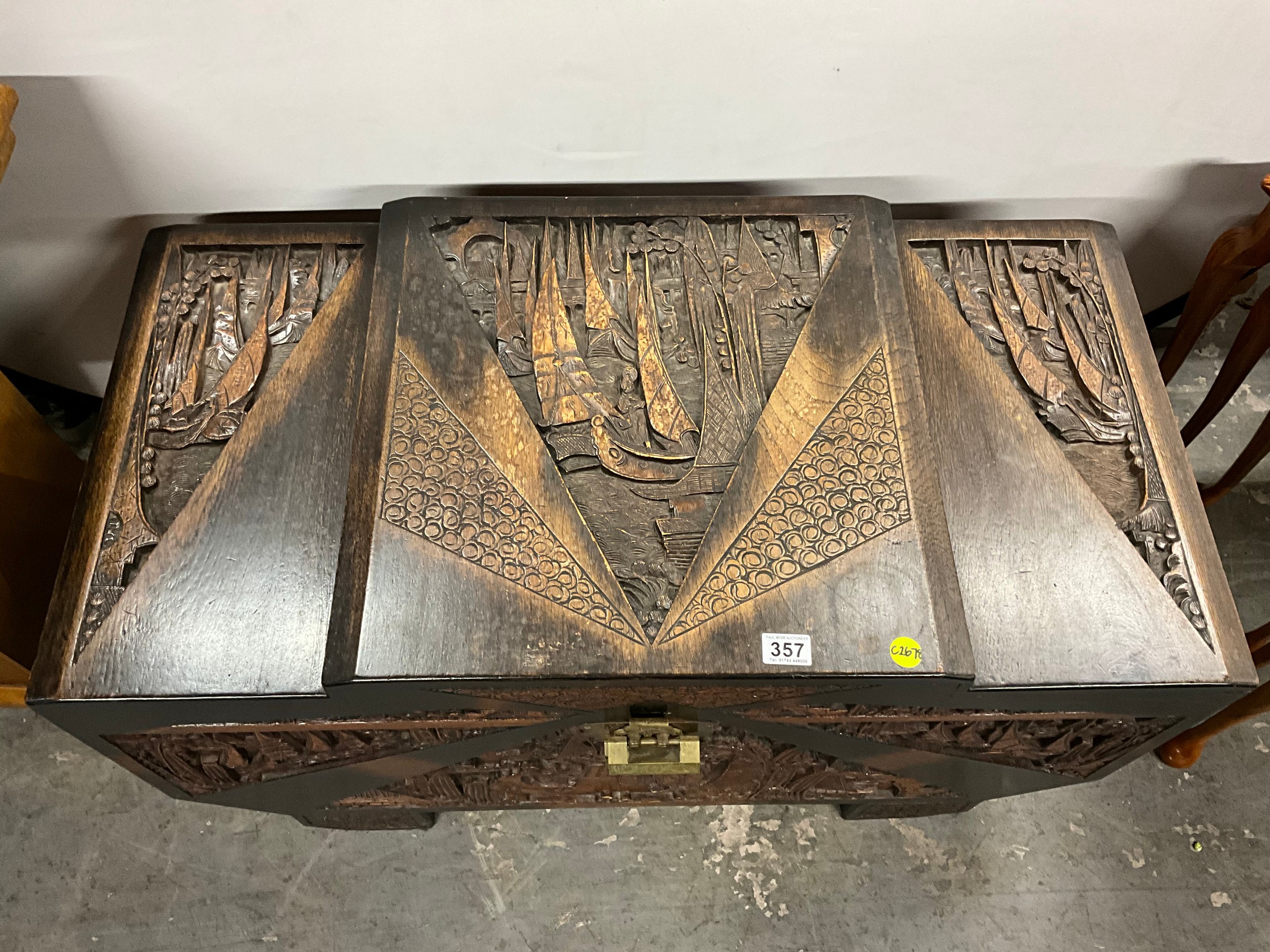 VINTAGE CARVED CANFER WOOD ORIENTAL CHEST MADE BY SING LIN ING CO H22.5 ...